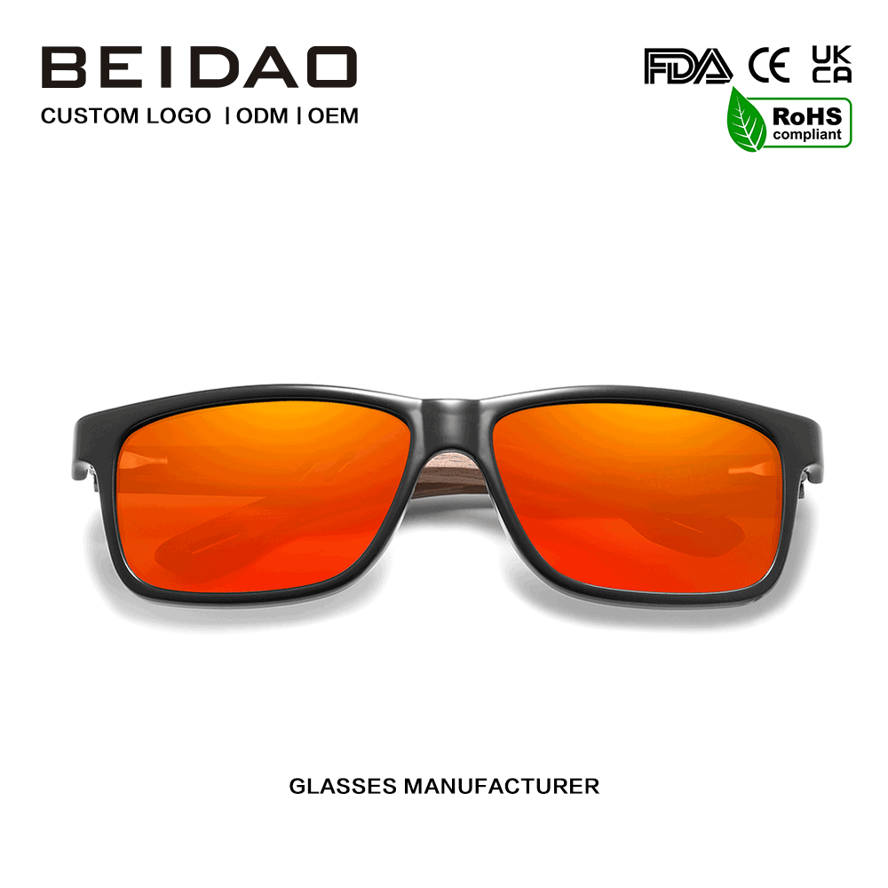 Dearthóir Walnut Frame Red Polarized Sunglasses Lógó saincheaptha